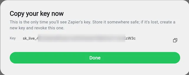 Copy your key now, showing the new key once with a copy button