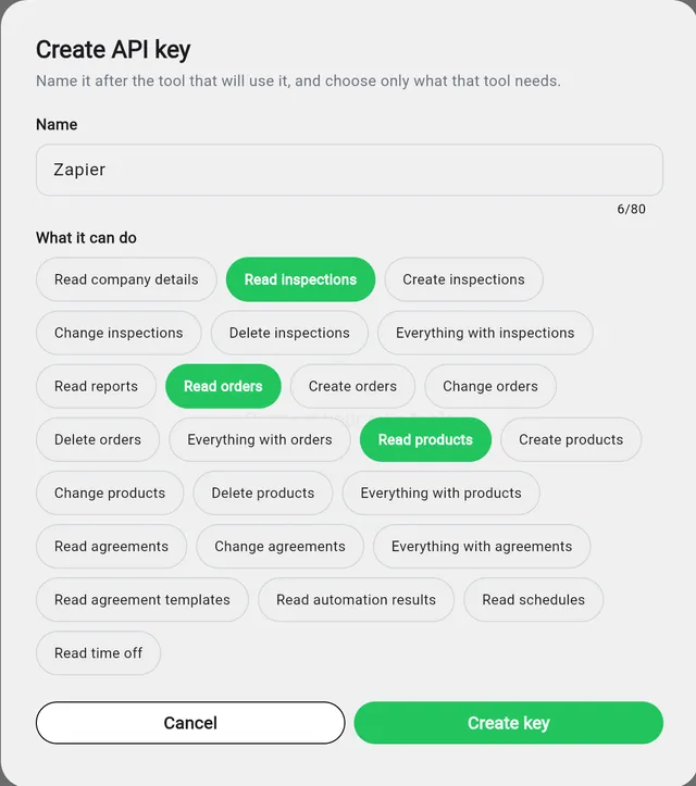 The Create API key form named Zapier, with Read inspections, Read orders and Read products selected