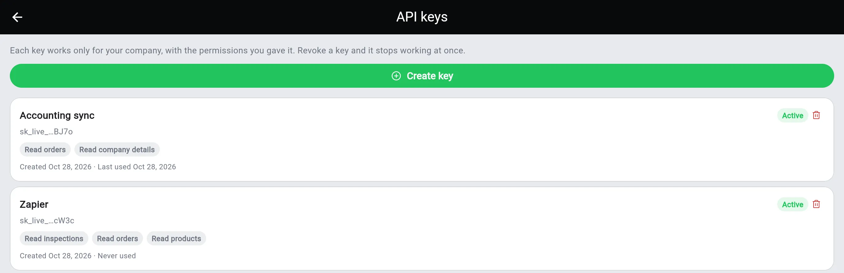 The list of API keys, each with its name, key ending, permissions and last use