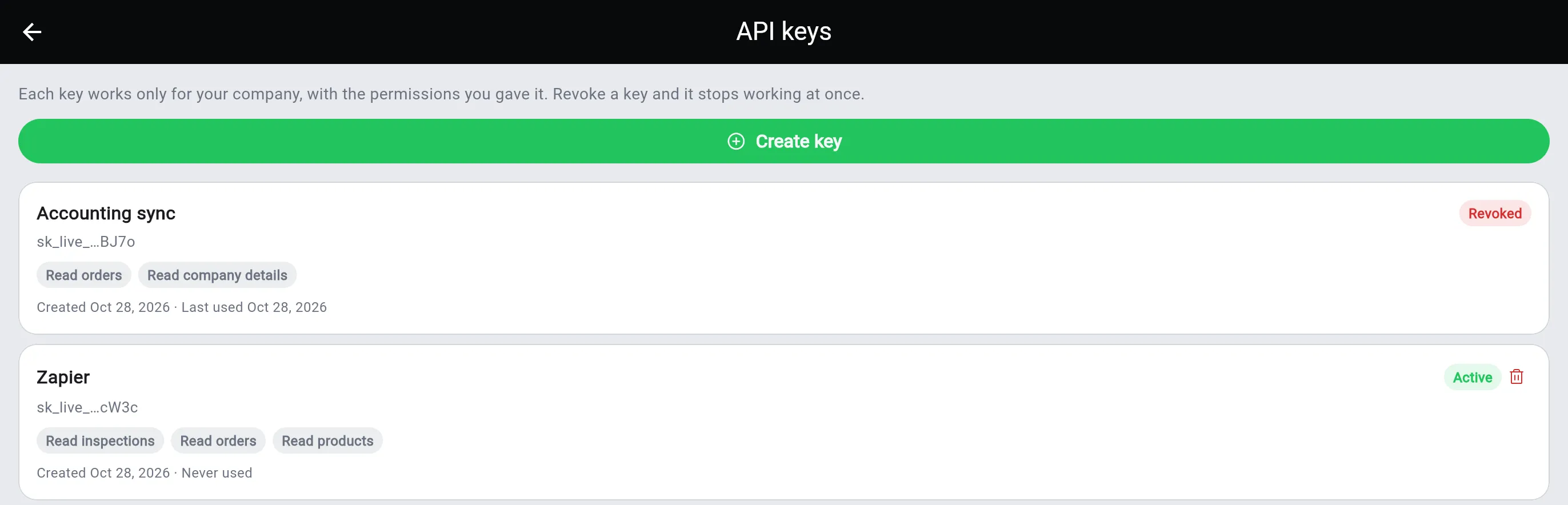 The API keys list with Accounting sync marked Revoked and Zapier still Active