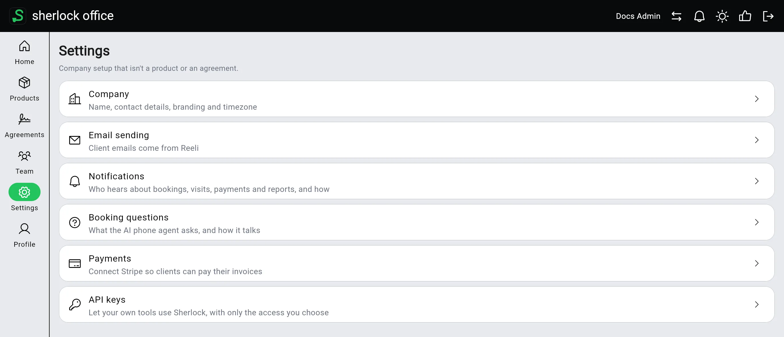 sherlock office Settings, with API keys at the bottom of the list
